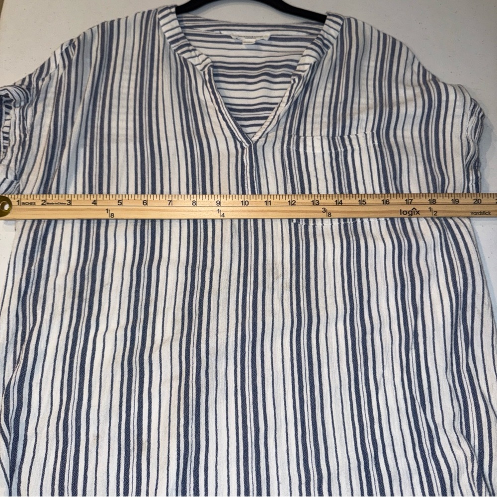 Beachlunchlounge Blue and White Striped Shirt V Neck Pocket Small Petite - Picture 5 of 10